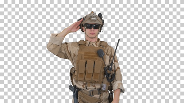 Soldier ranger in ammunition saluting, Alpha Channel