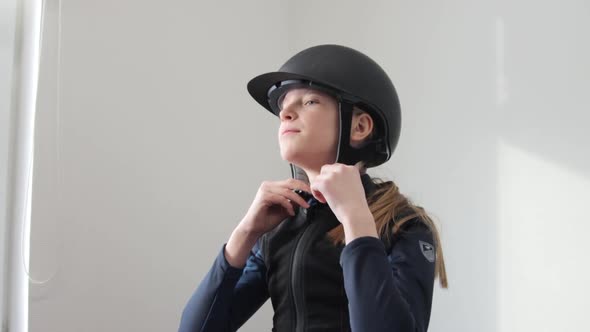 Girl putting on the helmet to protect head during riding