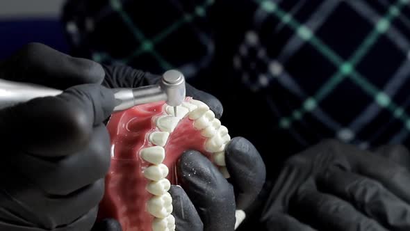 Dentist in Black Gloves Close-up of on a Mock-up of a Skeleton of Teeth Using a Drill Machine. the