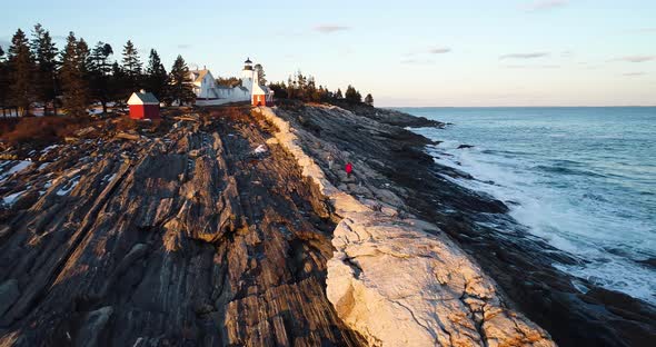 Aerial view of Curtis island lighthouse Camden Maine USA as the sun sets