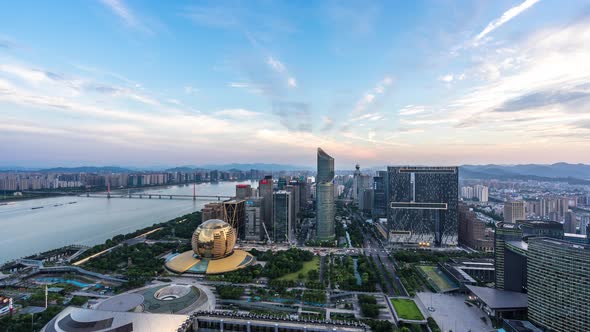 Timelapse of city skyline from day to night in hangzhou china