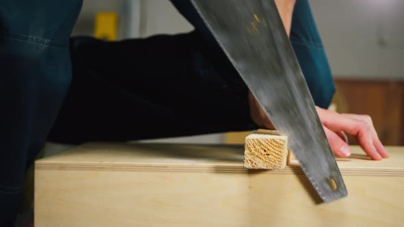 Man Builder Using Hand Saw Closeup