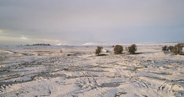 Aerial view of a dry vineyard in the snow, Golan Heights, Israel.