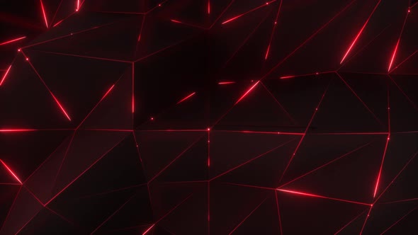 4K Abstract motion background. Low-poly dark waving surface with glowing red light.