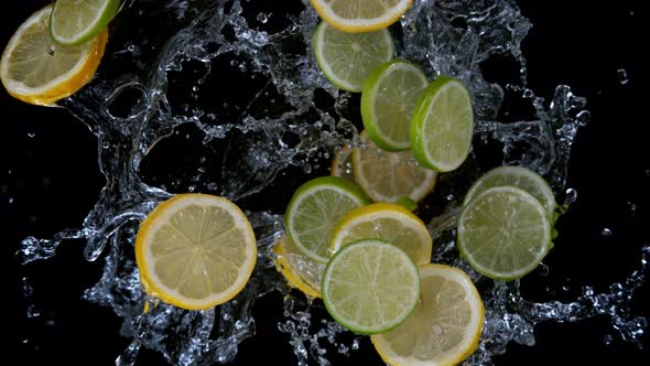 Super Slow Motion Shot of Rotating Exploded Lemon and Lime Slices with Splashing Water at 1000Fps