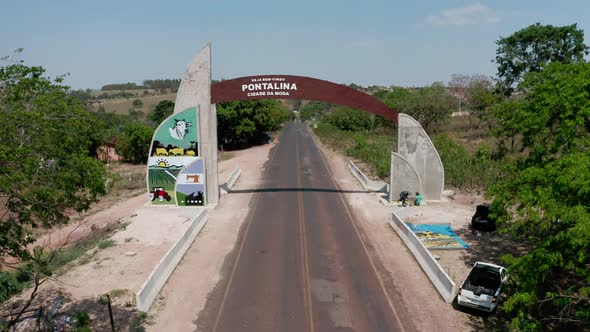 Aerial shot of the sign of Pontalina in the highway in Brazil.