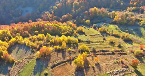 Aerial Top View with Landscape in the Autumn Forest Mountains