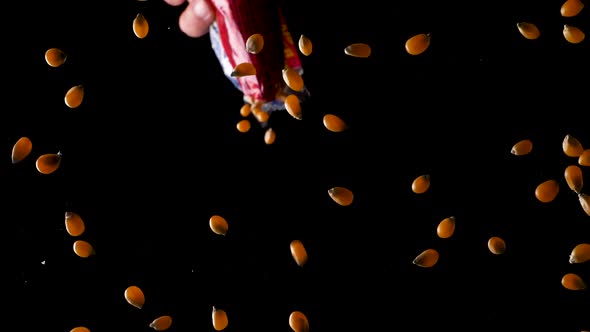 Slow motion shot of pouring yellow corn grains out of a red plastic bag.