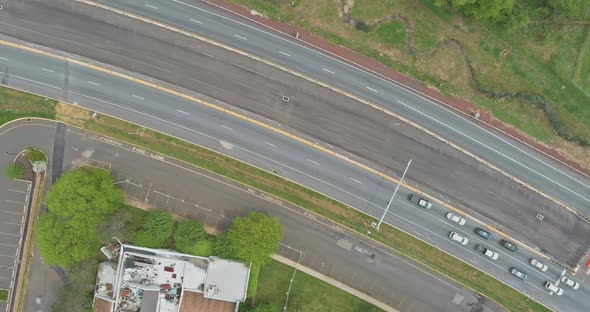 Aerial view road junction interchange highway in the summer