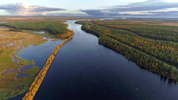 Beautiful Autumn Finland Nature Landscape, Flying Above River, Swamps, Mixed Forest, Green Spruces