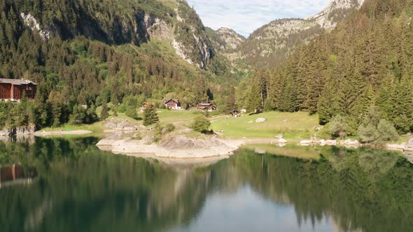 Inspiring aerial over lake of beautiful Swiss landscape