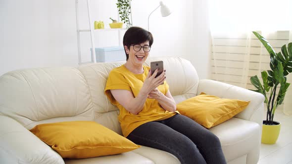 Happy Middle-aged Woman Sit on Couch in Living Room Talk on Video Call. Technology Concept