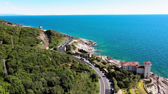 Amazing Aerial View of Tuscany Coastline in Calafuria Area Italy