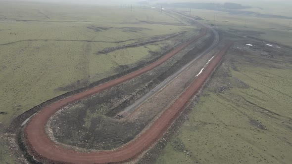 Moving along railroad tracks. Aerial view of Railroad emergency stop track in Trialeti, Georgia