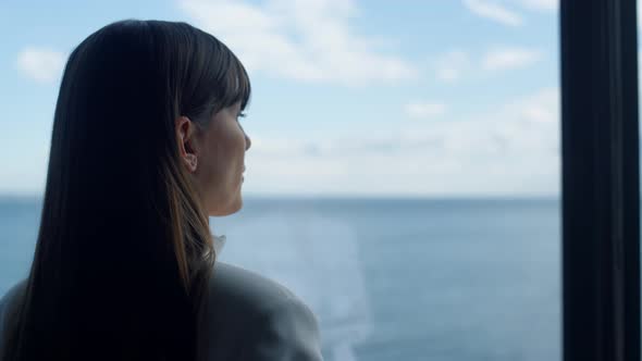 Closeup Businesswoman Silhouette Watching Sea View Window