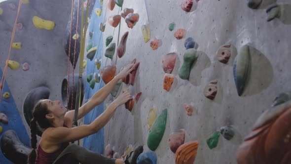 Sport Athletic Girl Jump Climbs Up the Climbing Wall in the Gym