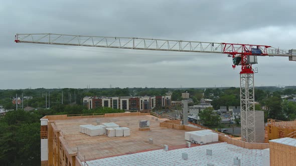 Panoramic Top View Several Construction Tower Cranes of Different Heights at a Building Site During