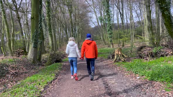 Slow motion rear shot of adult couple holdings hands and walking on rural forest path during sunny d