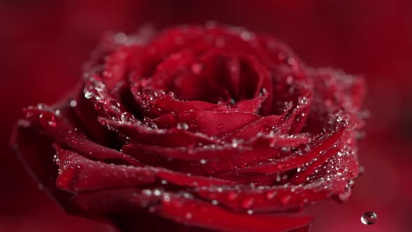 Super Slow Motion Shot of Rotating and Splashing Red Rose Bloom at 1000 Fps