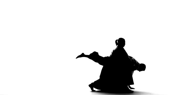 Black Silhuettes of Man and Woman Showing Aikido Techniques. Isolated on White. Slow Motion.