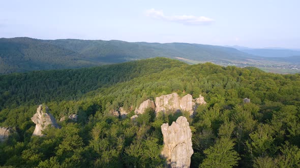 Aerial View of Bright Landscape with Green Forest Trees and Big Rocky Boulders Between Dense Woods