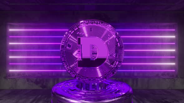 Rotating Dogecoin in a Futuristic Future Room with Neon Lighting