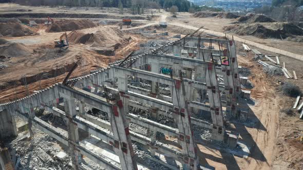 AERIAL: Steel Bars Visible from Concrete Structures of National Stadium in Vilnius