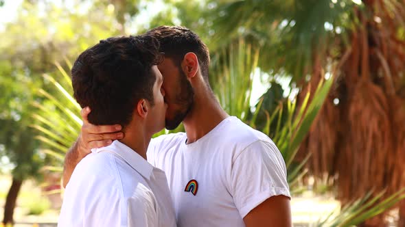 Happy Gay Couple Spending Time Together in Sunny Day in Green Park