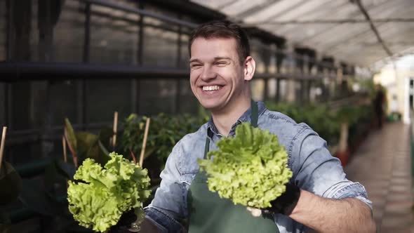 Overjoyed Young Seller in Green Apron Standing in a Row of Greenhouse Holding in Hands Two Piles