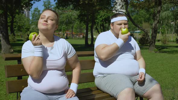 Two Obese People Eating Apples After Jogging, Weight Loss Diet, Organic Food