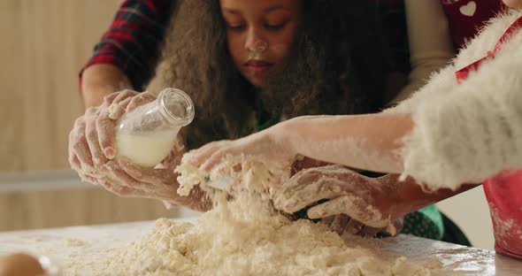 Push in view of family kneading dough for Christmas cookies