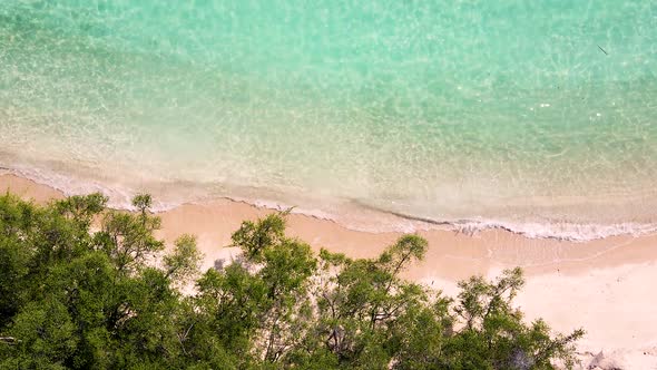 Aerial View Top View Drone Move Beautiful Topical Beach with White Sand