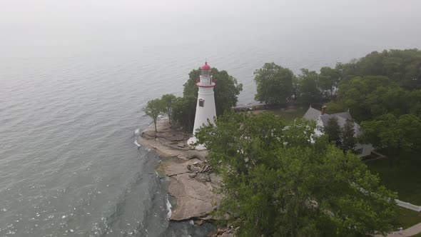 Marblehead Lighthouse along Lake Erie in Ohio drone fly over.