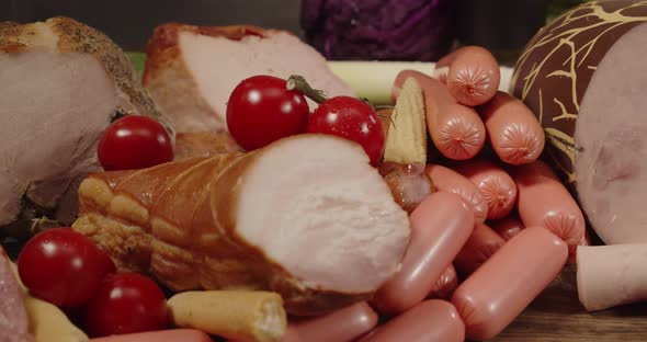 Many Types Of Sausages And Meat Products Are Laid Out On The Table