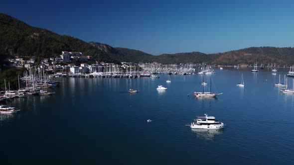 Panoramic View of Bay and City of Fethiye in Turkey with Marina and Yachts at a Clear Summer Day