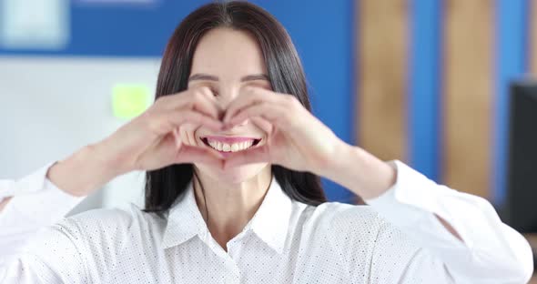 Portrait of Beautiful Cute Cheerful Girlfriend Show Heart Gesture