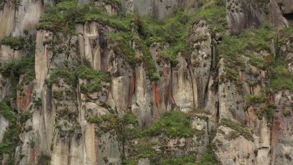 Turning around showing more of a large rocky cliff with grey and red colors and loads of bromelias