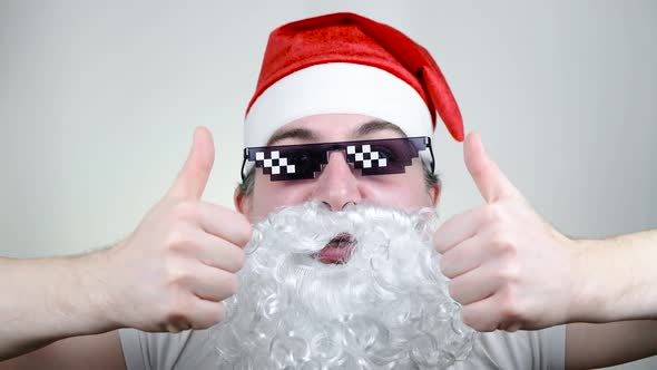 Swag Santa Claus in Funny Pixelated Sunglasses on White Background