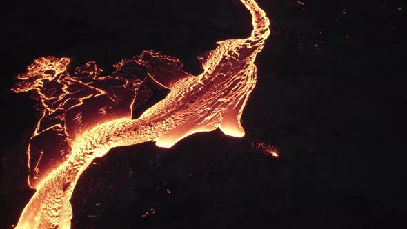 Drone Over Flowing River Of Molten Lava From Erupting Volcano