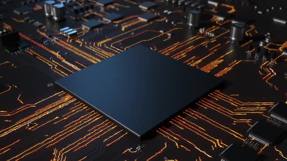 Central processor on a printed circuit board dynamic 3d animation . alt