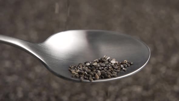 Chia seeds fall into a metal teaspoon over a rotating pile of grains