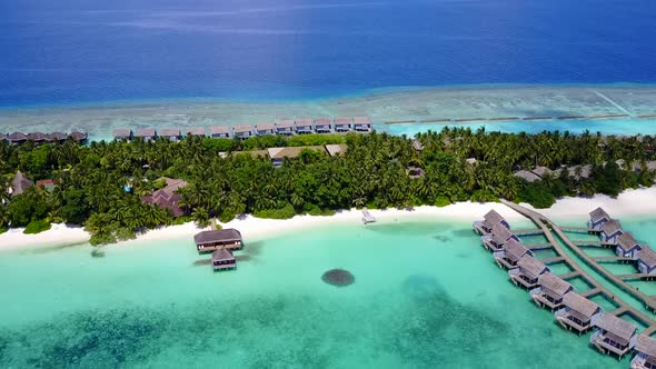 Aerial tourism of shore beach trip by clear water with sand background