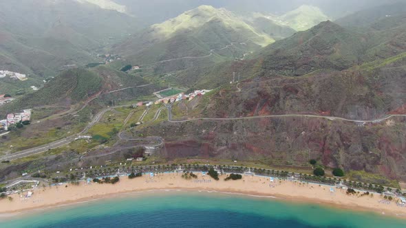 Aeriial view of Playa de Las Teresitas in Tenerife, Canary Islands, Spain