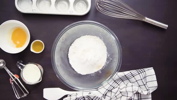 Step by step. Top view. Baking cornbread muffins.