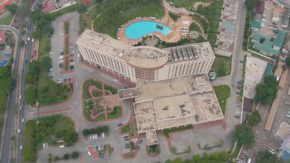 Accra central aerial view hotel orbit shot