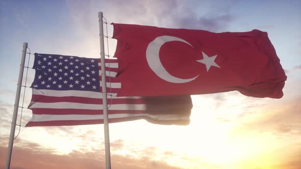 United States and Turkey Flag on Flagpole