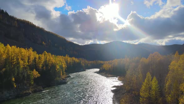 River Autumn Mountains the Sun Water Span Copter