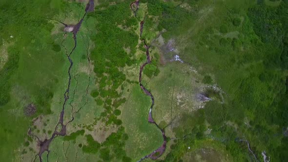 AERIAL: Birds eye view looking down at water streams surrounded by greenery while reflections are sh