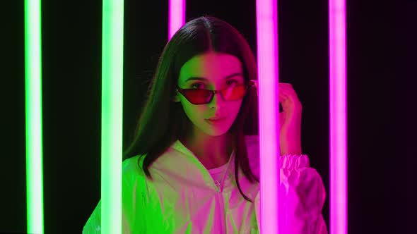 Portrait Pretty Young Beautiful Woman Stylish Sunglasses Posing Against Dark Studio Background