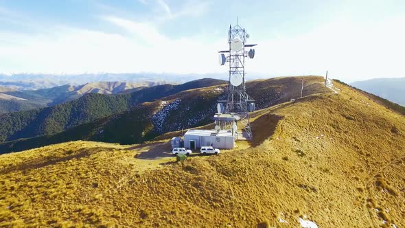 Cinematic Aerial shot of Communication tower a top Mount Grey, New Zealand